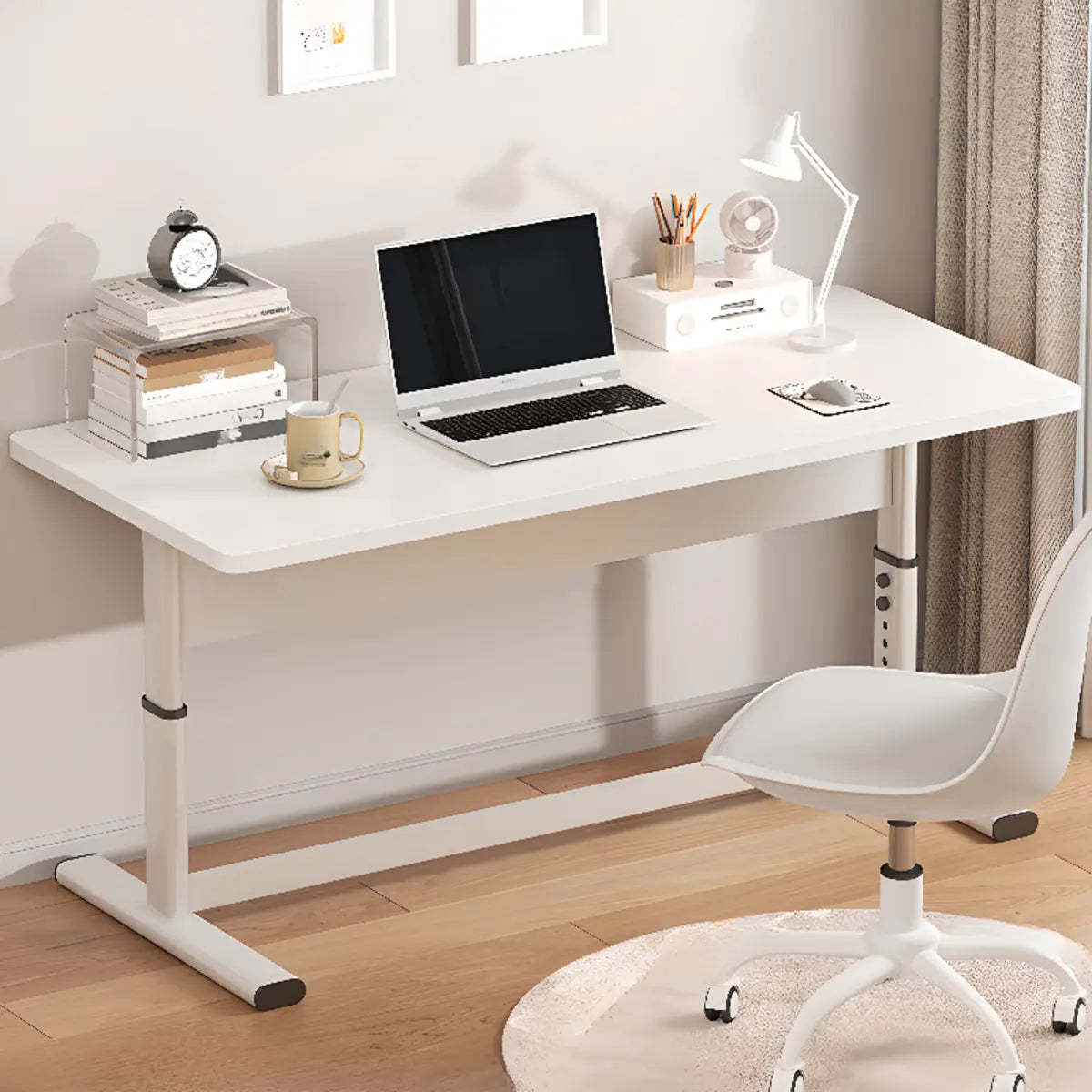Adjustable White T-Shape Writing Desk — Natural/ White / Without Chairs