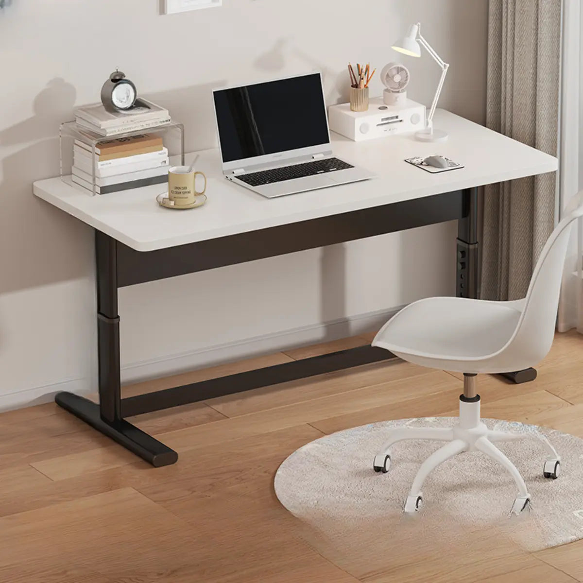 Adjustable White T-Shape Writing Desk — White-Black / Without Chairs