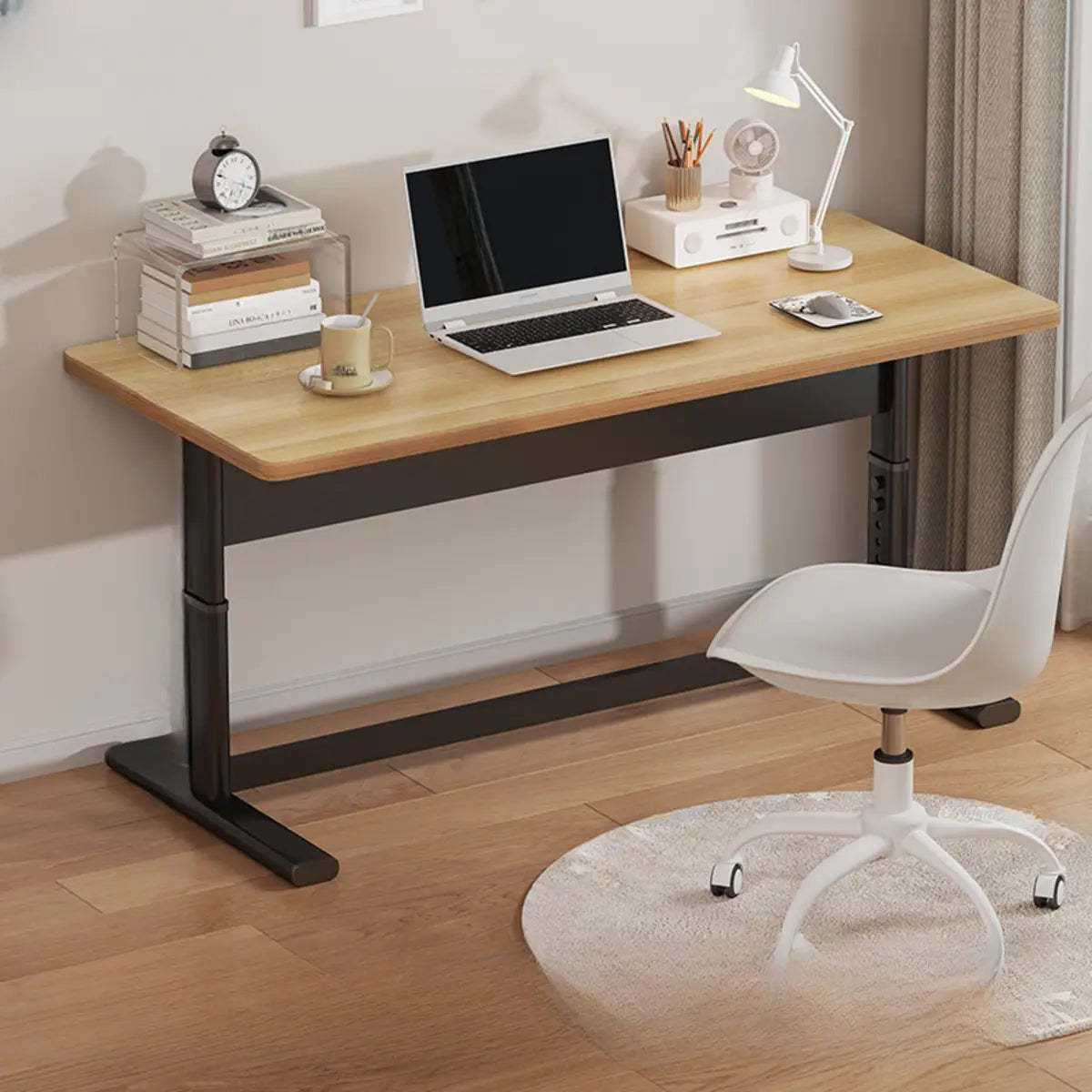 Adjustable White T-Shape Writing Desk — White-Black / Without Chairs