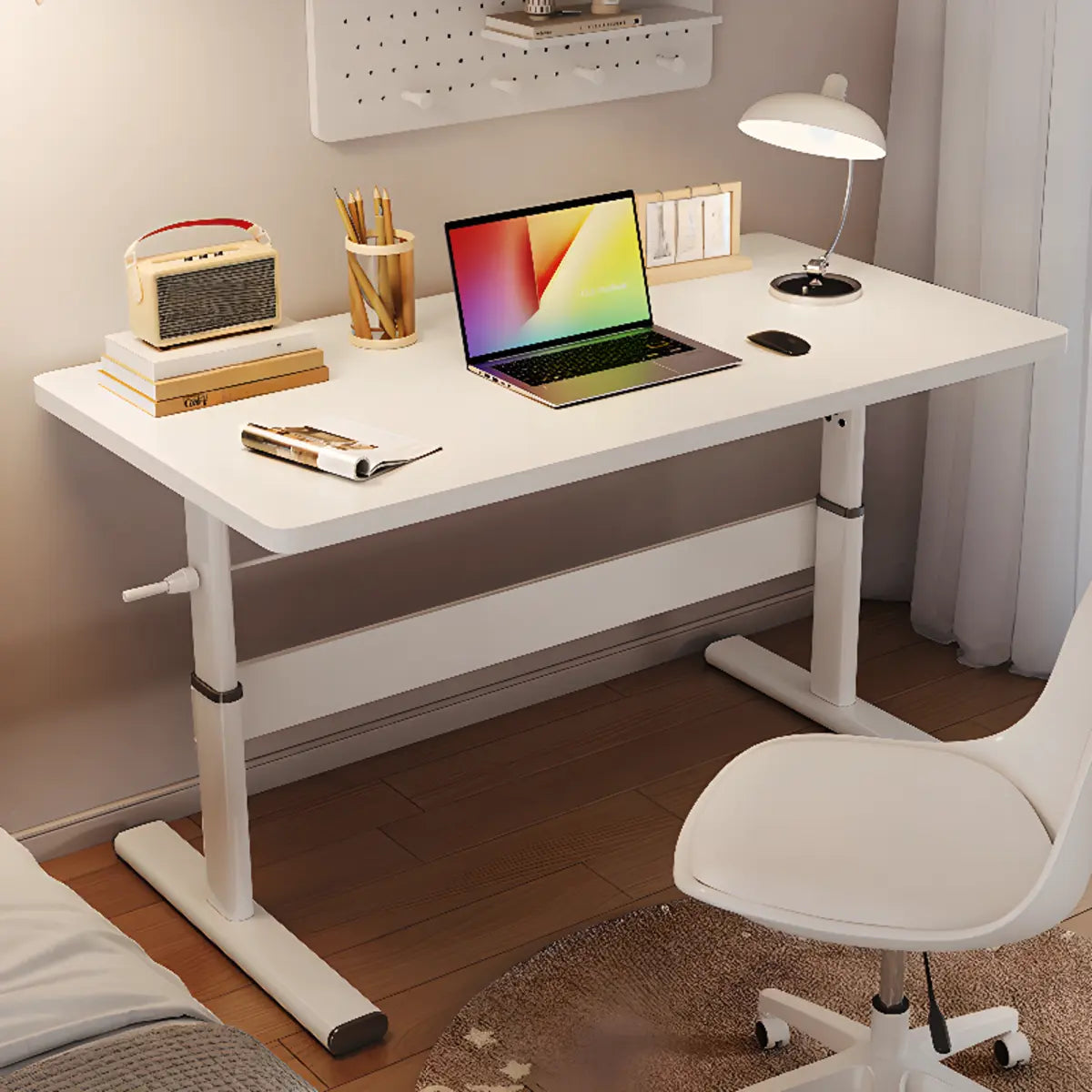 Adjustable White T-Shape Writing Desk — Wood-Black / Without Chairs