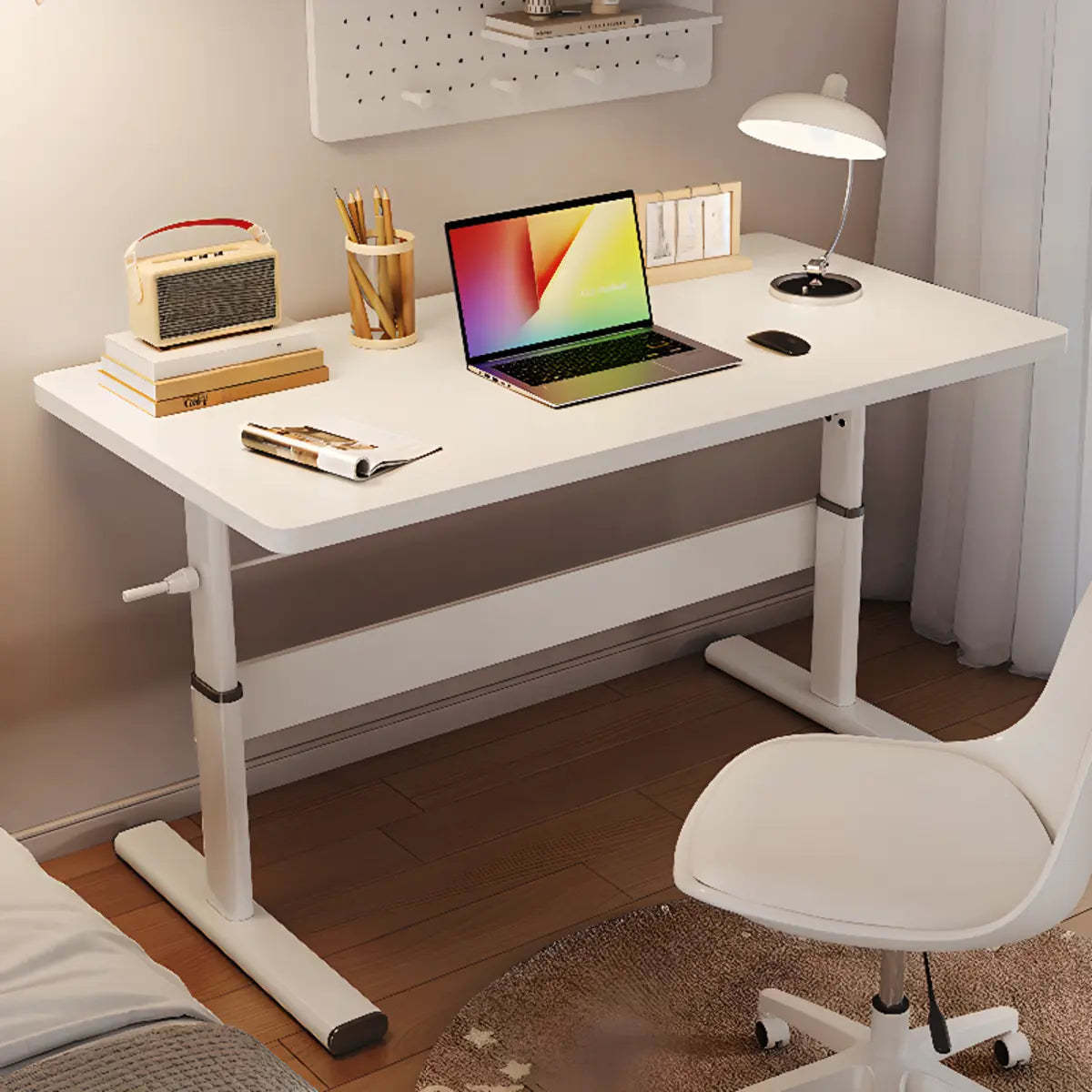 Adjustable White T-Shape Writing Desk — Wood-Black / Without Chairs