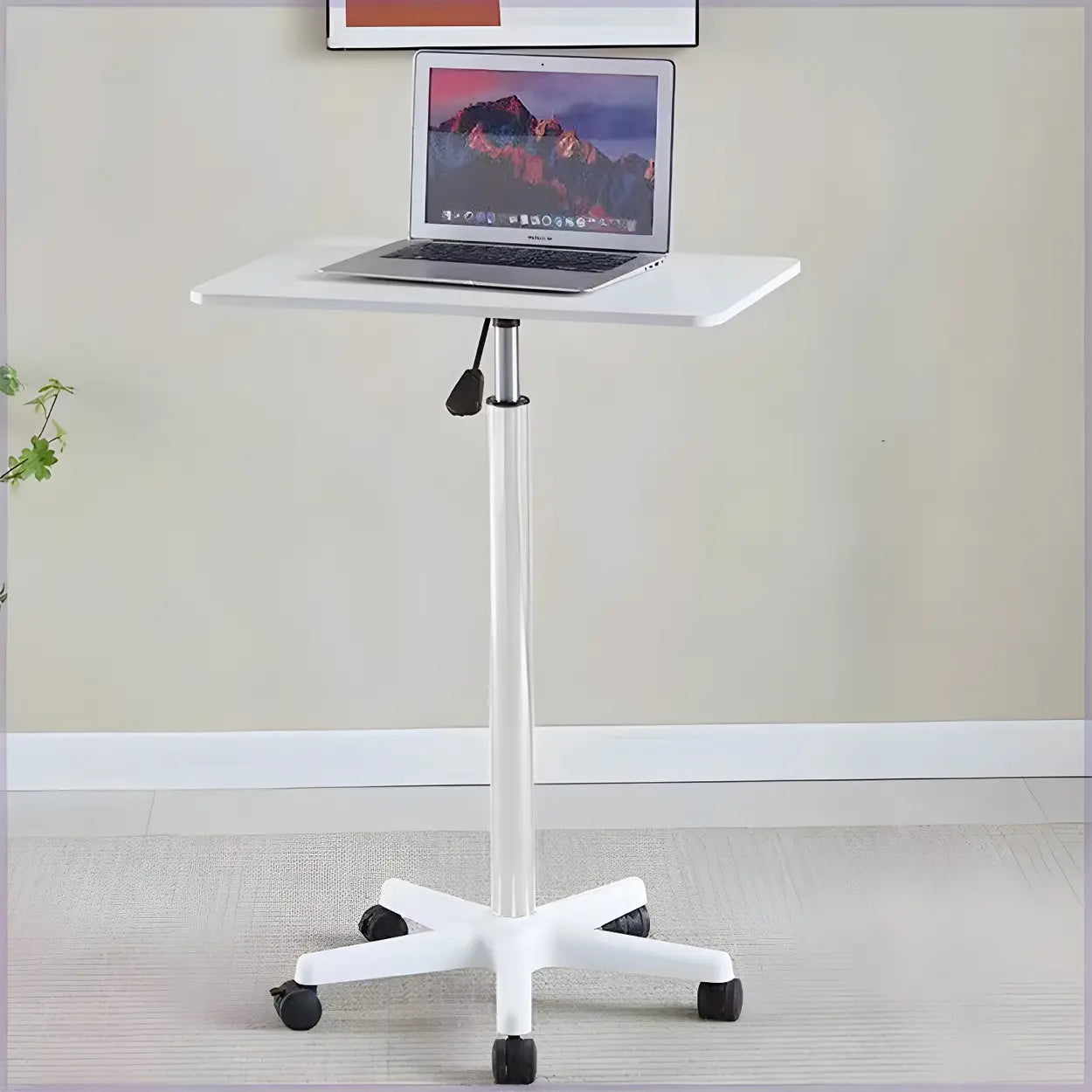 Adjustable White Square Small Standing Desk with Casters — White / Table Only