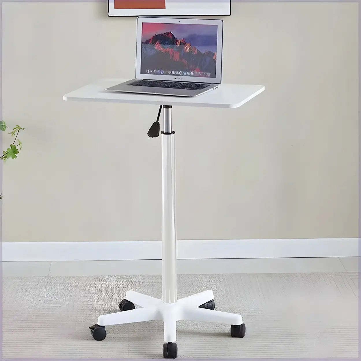 Adjustable White Square Small Standing Desk with Casters — White / Table Only