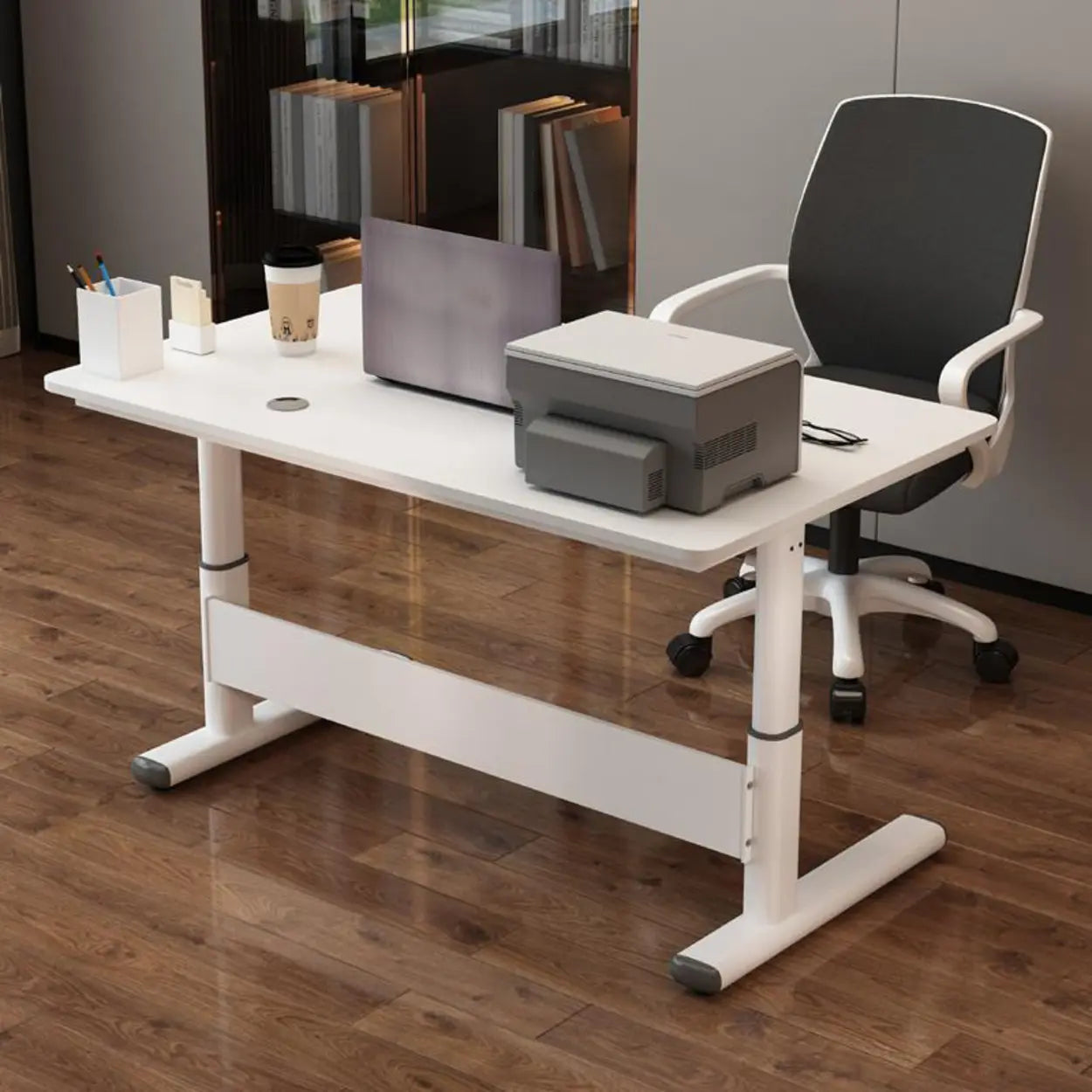 Adjustable White Wood Glass T-Shape Standing Desk