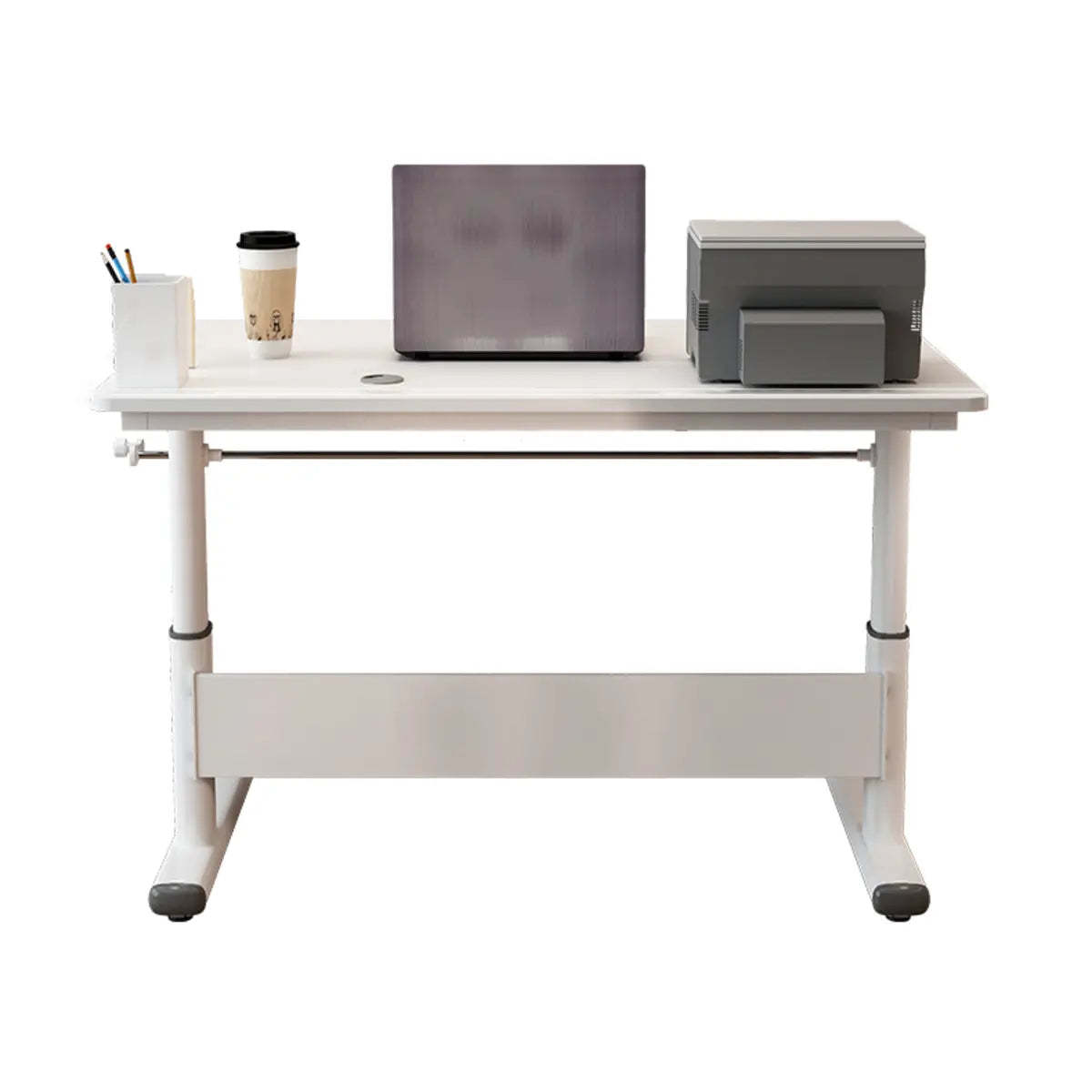 Adjustable White Wood Glass T-Shape Standing Desk — Without Chairs / Natural Finish