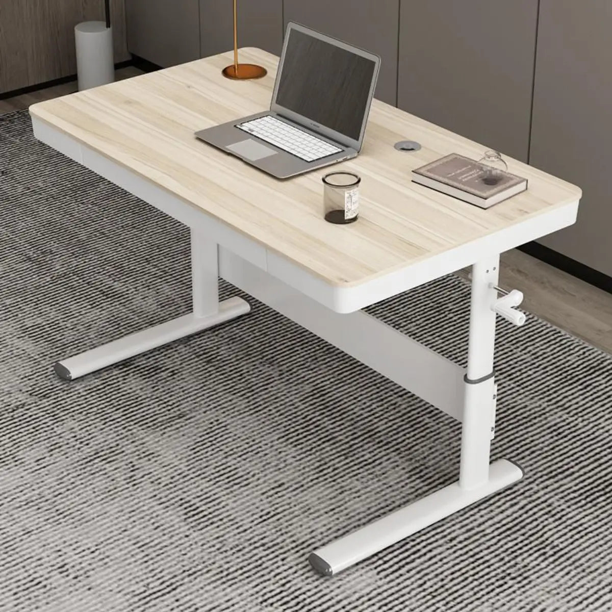 Adjustable White Wood Glass T-Shape Standing Desk — Without Chairs / Natural Finish