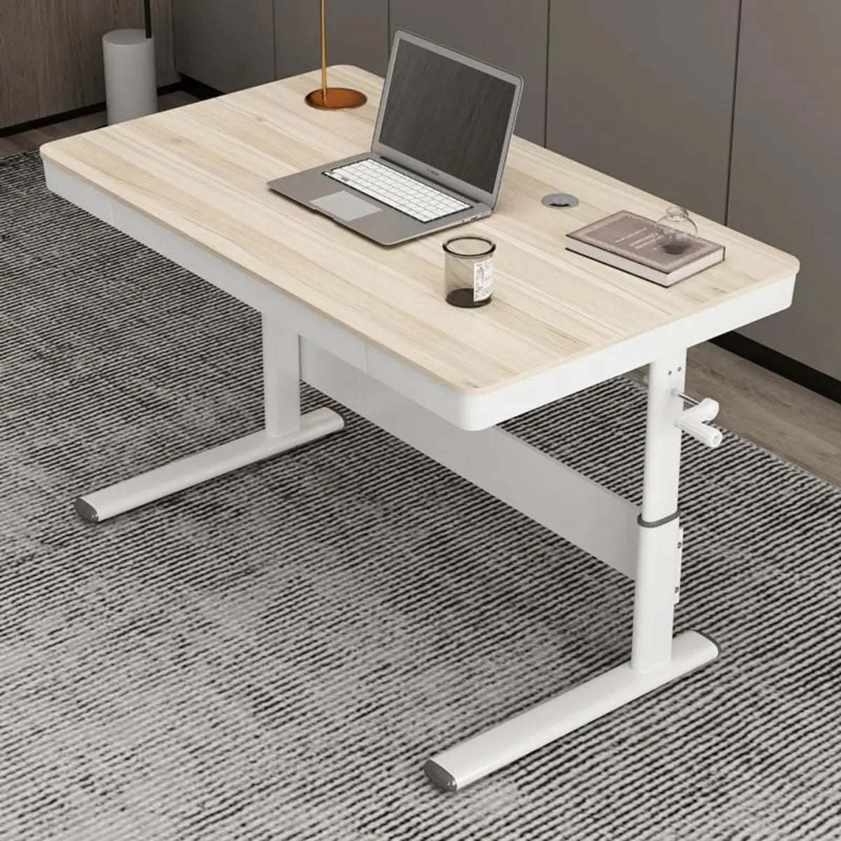 Adjustable White Wood Glass T-Shape Standing Desk — Without Chairs / Natural Finish