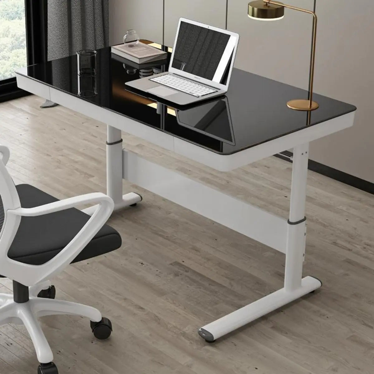 Adjustable White Wood Glass T-Shape Standing Desk — Without Chairs / Natural Finish