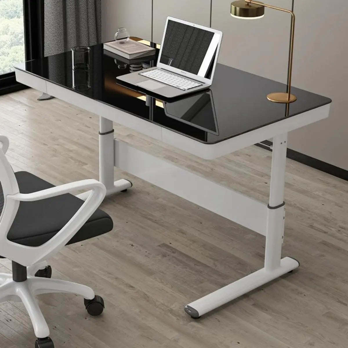 Adjustable White Wood Glass T-Shape Standing Desk — Without Chairs / Natural Finish