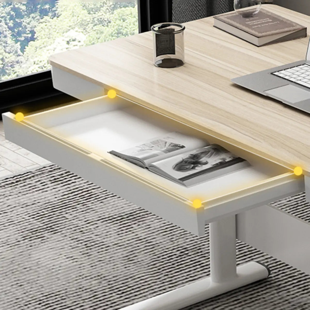 Adjustable White Wood Glass T-Shape Standing Desk — Without Chairs / Natural Finish