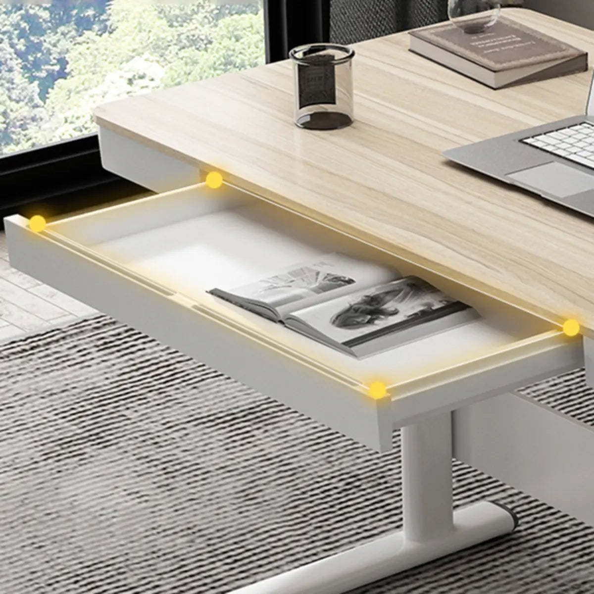 Adjustable White Wood Glass T-Shape Standing Desk — Without Chairs / Natural Finish