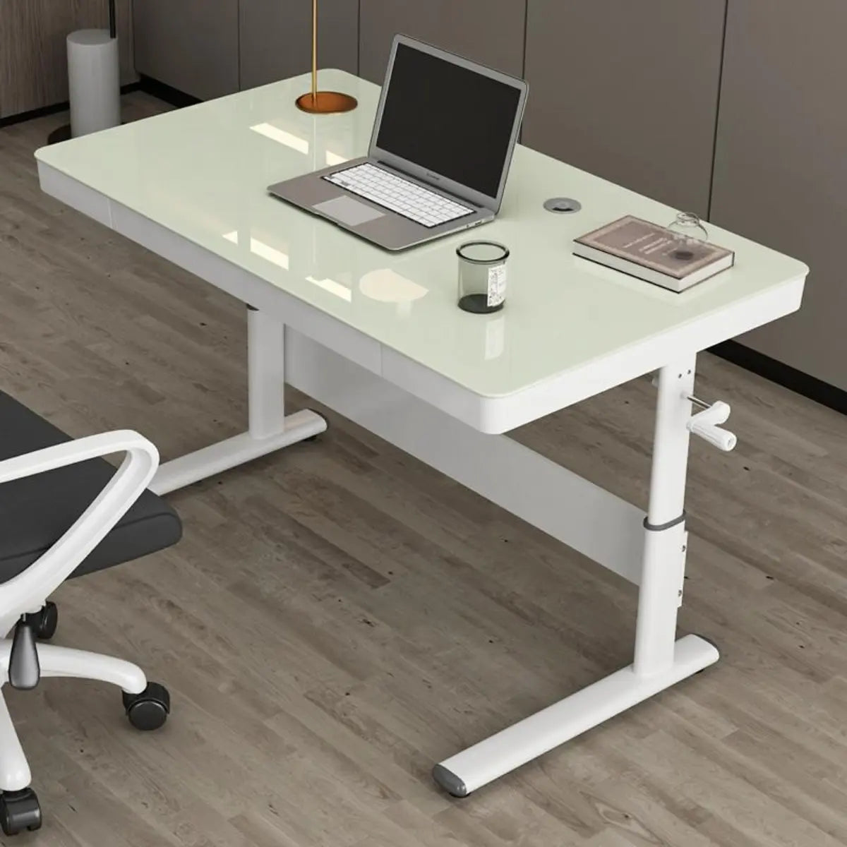 Adjustable White Wood Glass T-Shape Standing Desk — Without Chairs / Natural Finish