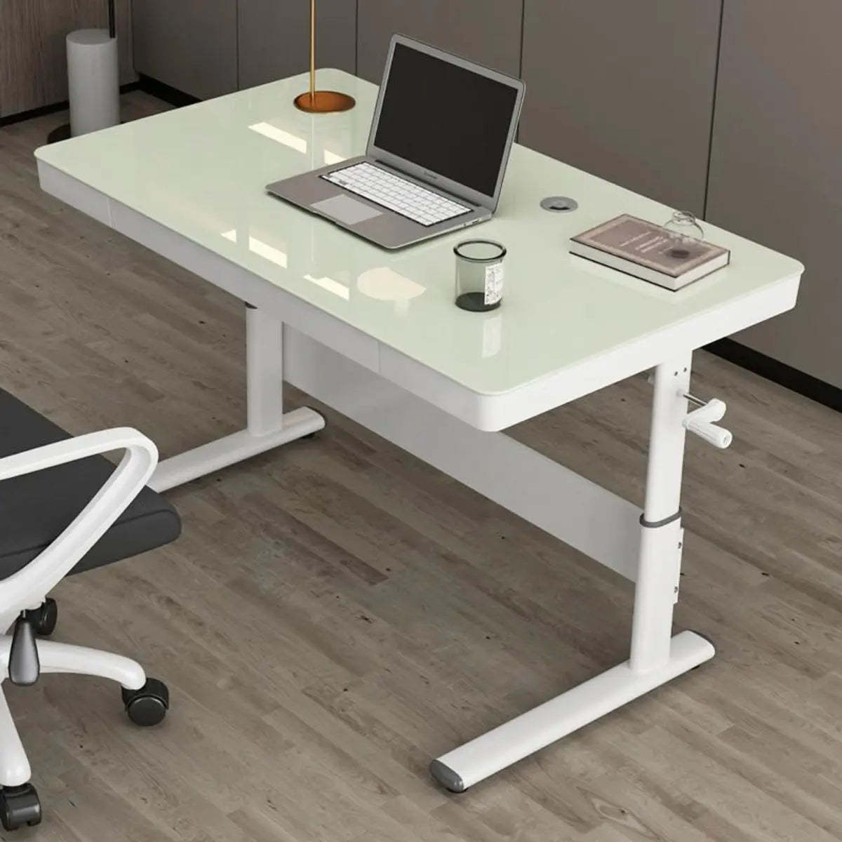 Adjustable White Wood Glass T-Shape Standing Desk — Without Chairs / Natural Finish
