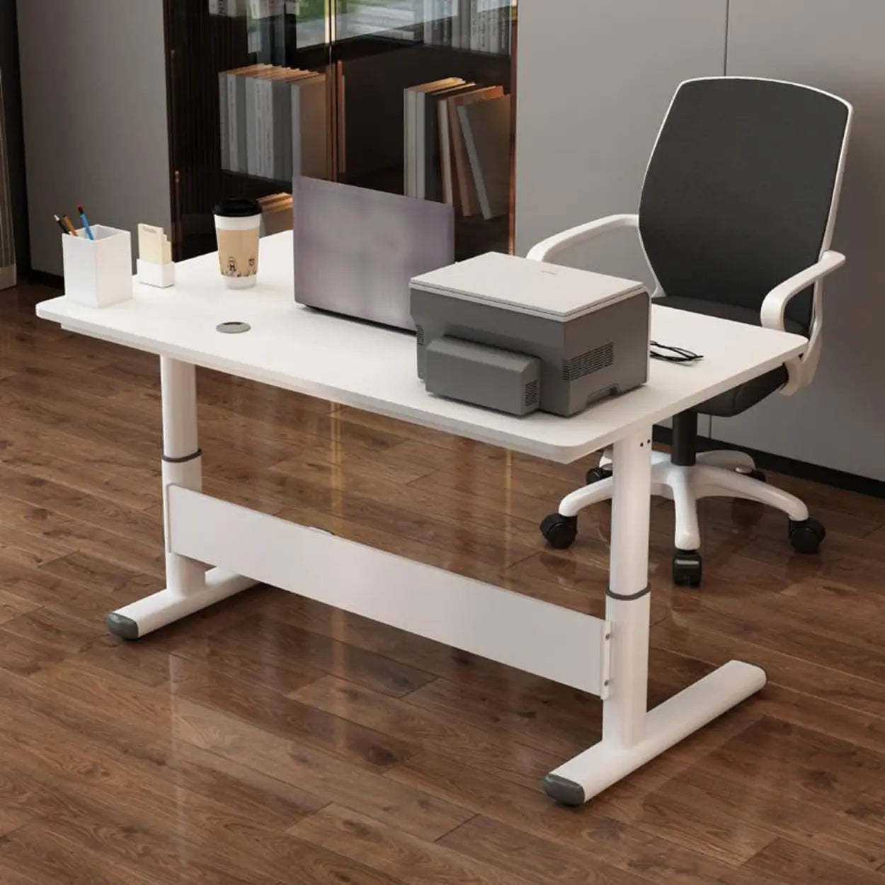 Adjustable White Wood Glass T-Shape Standing Desk — Without Chairs / Black