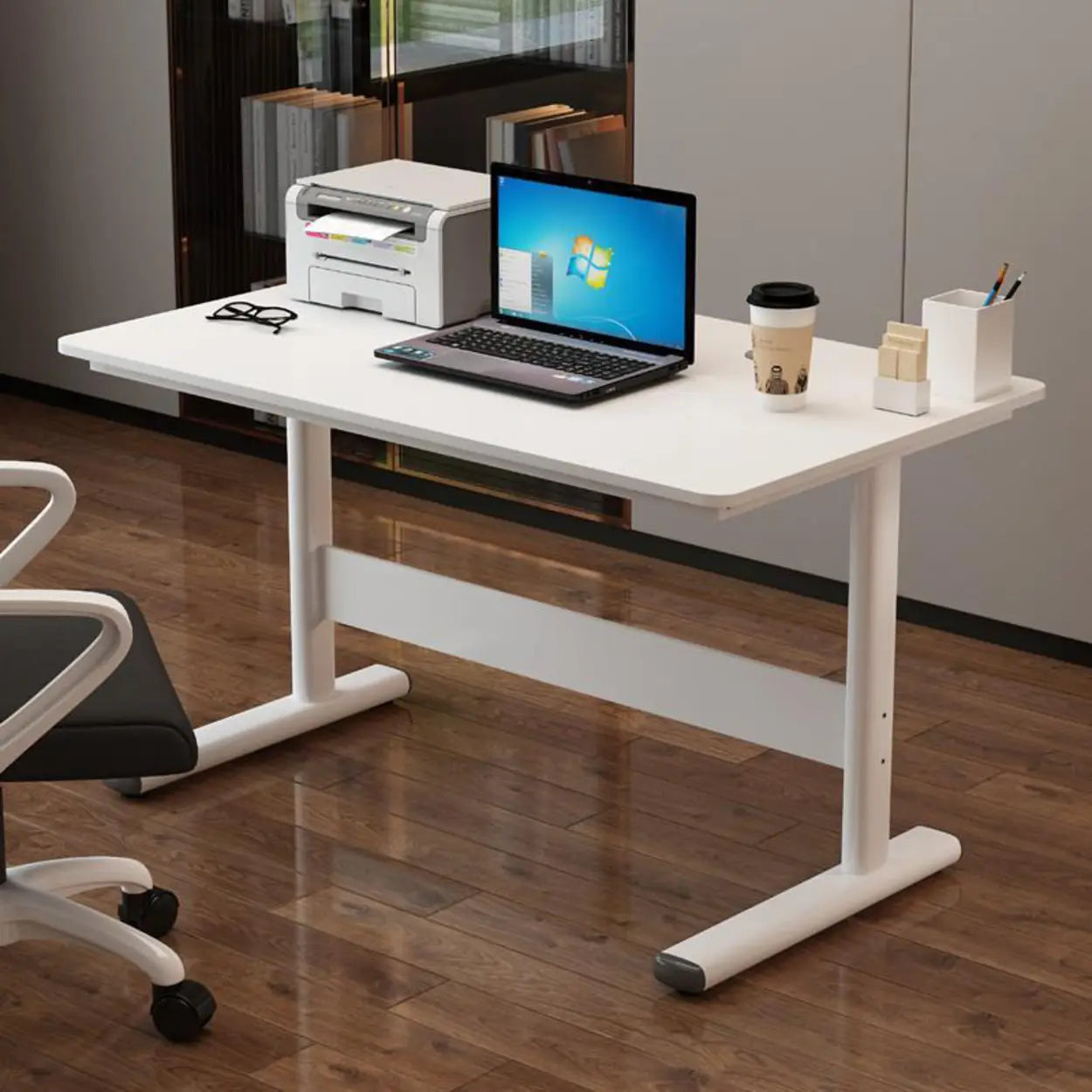 Adjustable White Wood Glass T-Shape Standing Desk — Without Chairs / Black