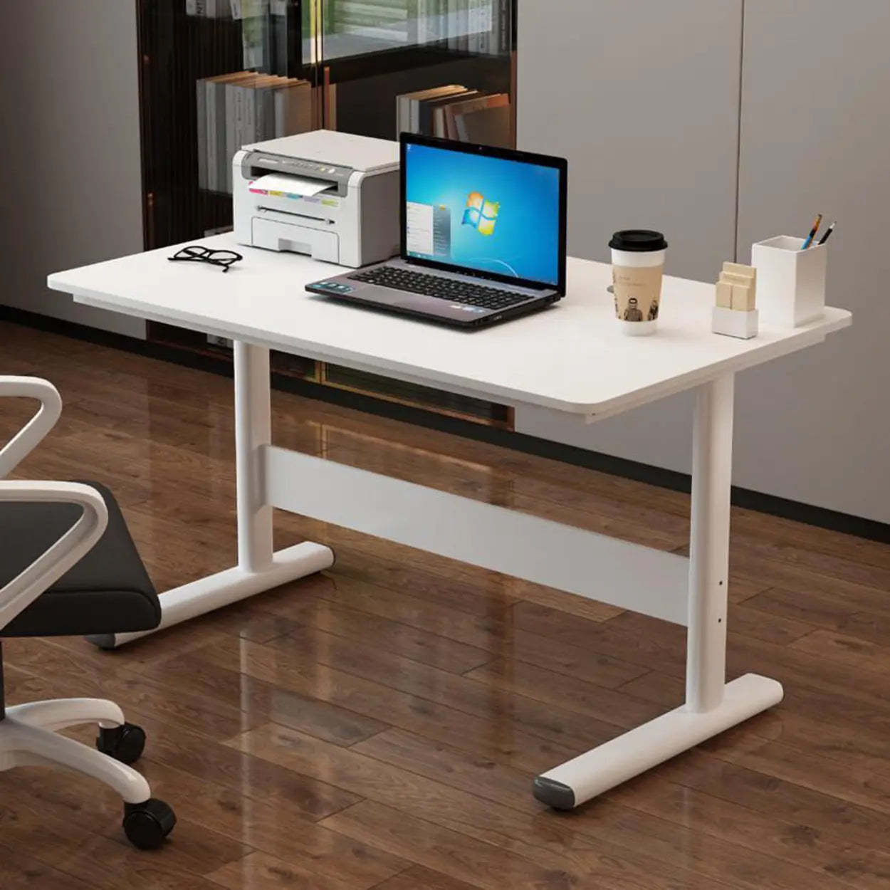 Adjustable White Wood Glass T-Shape Standing Desk — Without Chairs / Black