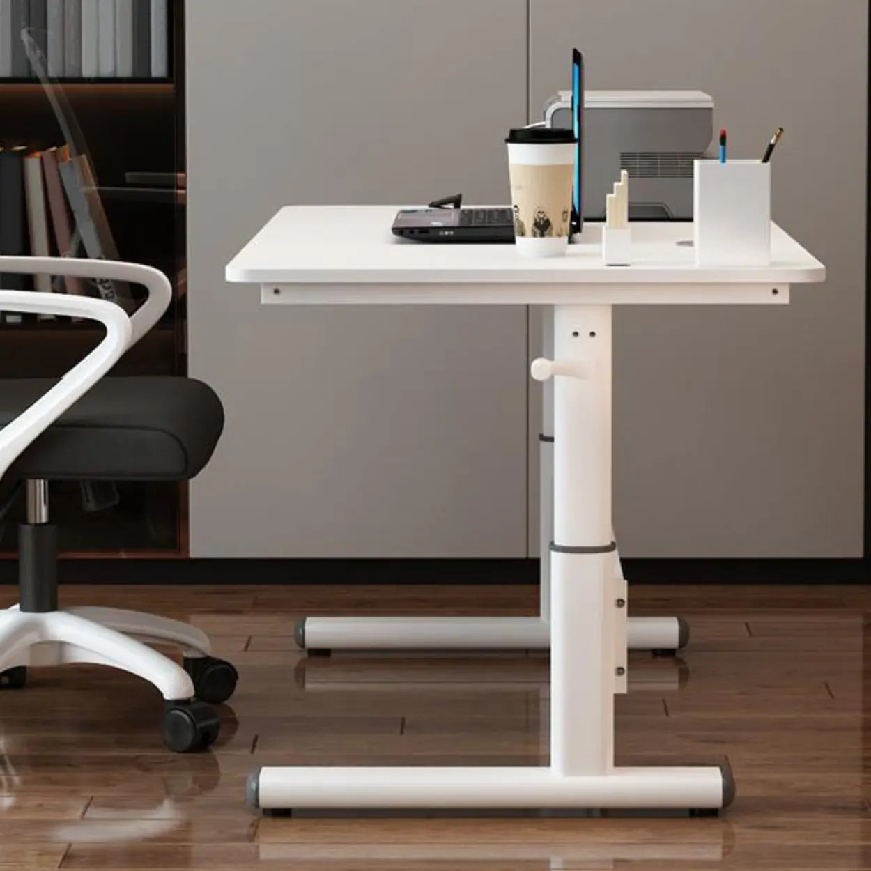 Adjustable White Wood Glass T-Shape Standing Desk — Without Chairs / Black
