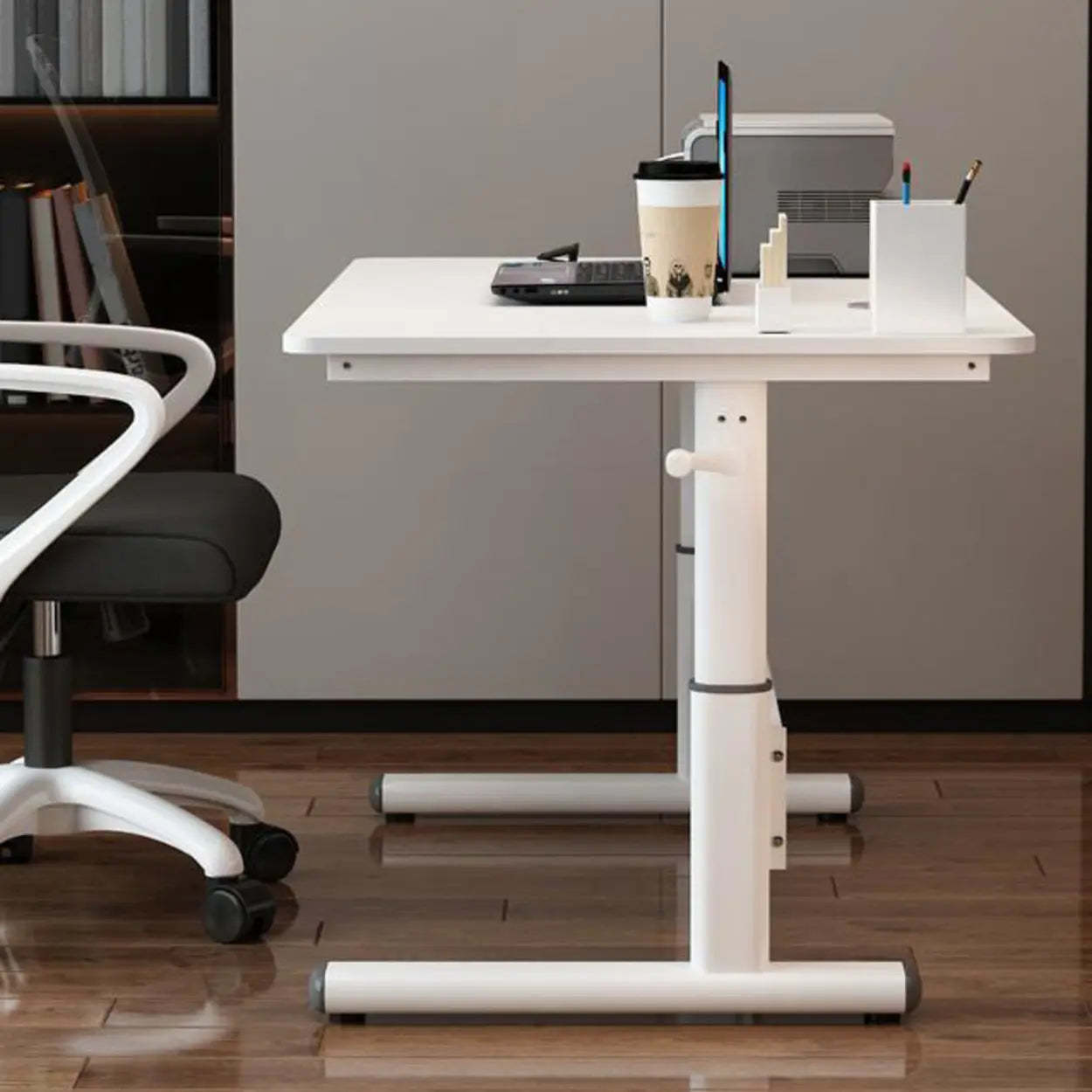 Adjustable White Wood Glass T-Shape Standing Desk — Without Chairs / Black