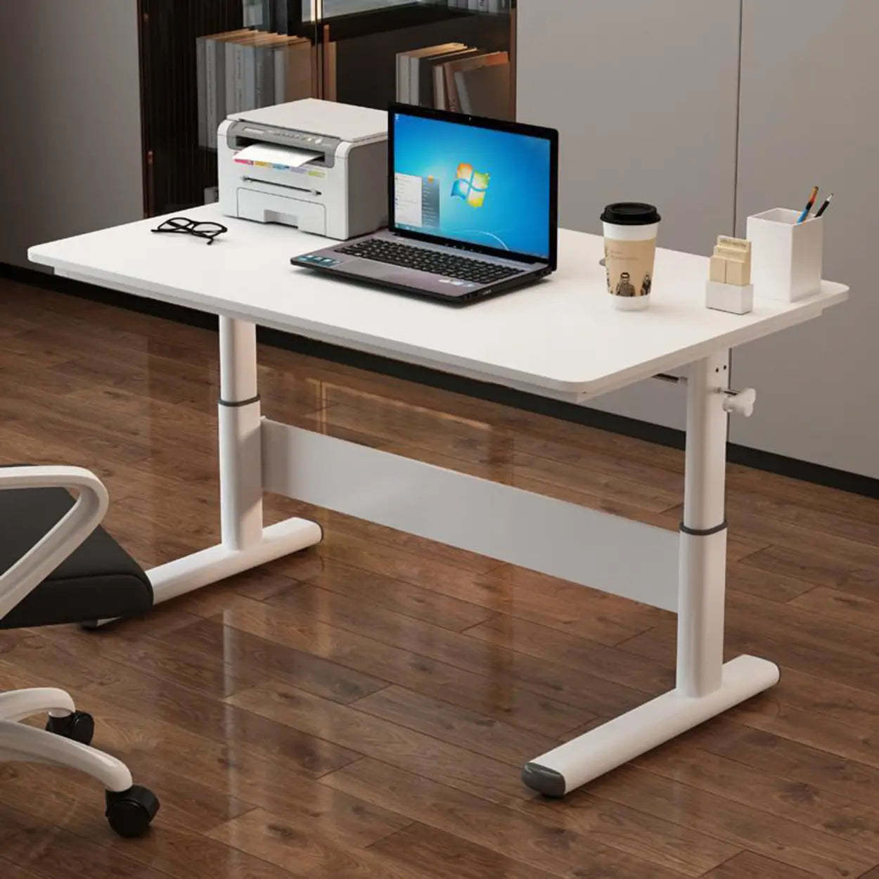 Adjustable White Wood Glass T-Shape Standing Desk — Without Chairs / Light Green