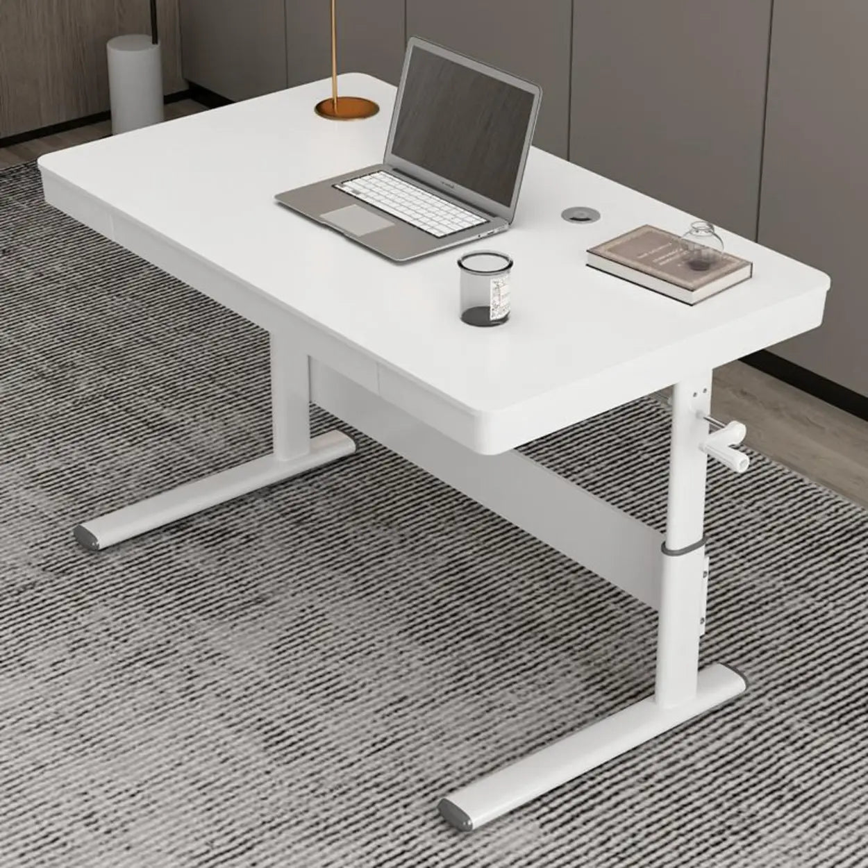 Adjustable White Wood Glass T-Shape Standing Desk — Without Chairs / Light Green