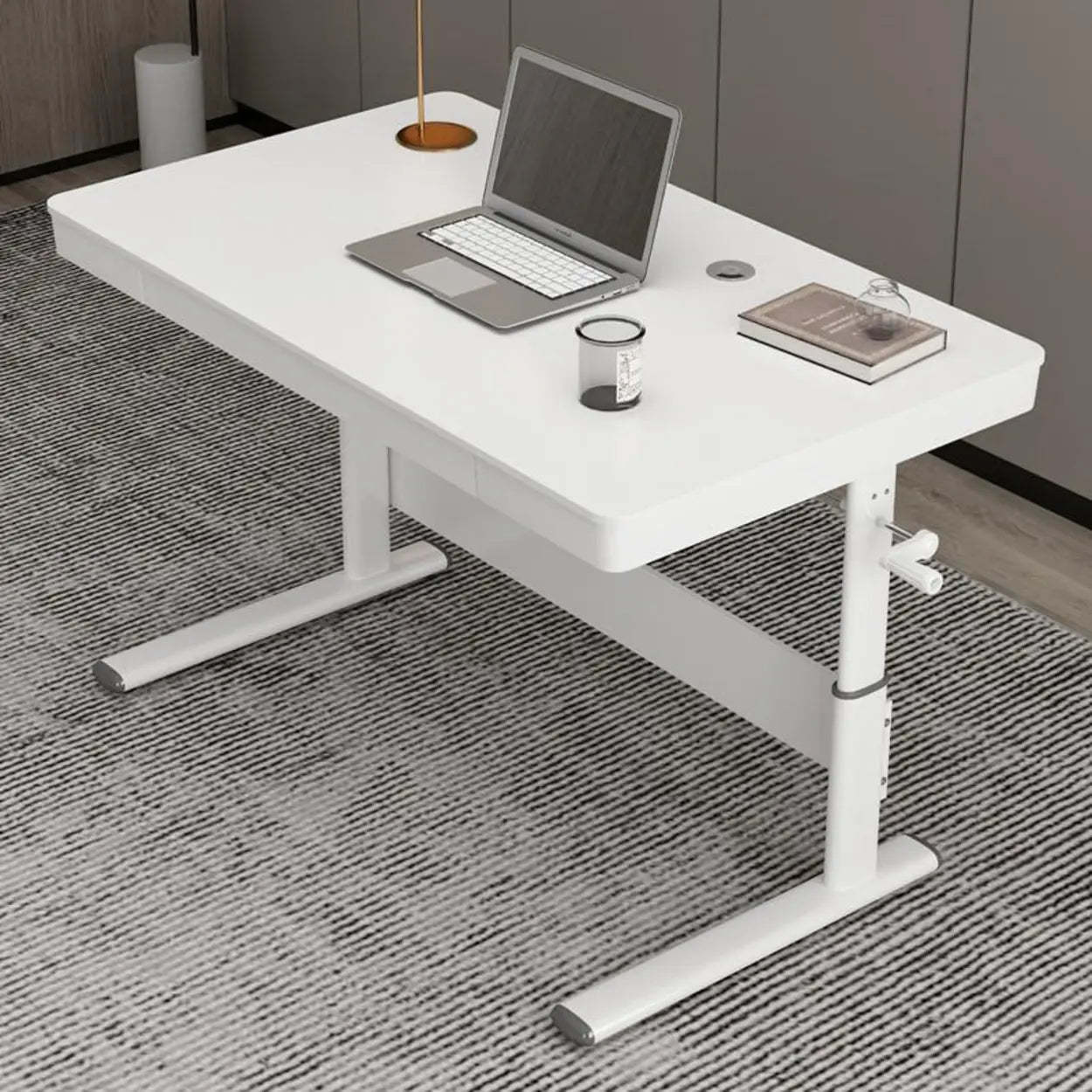 Adjustable White Wood Glass T-Shape Standing Desk — Without Chairs / Light Green