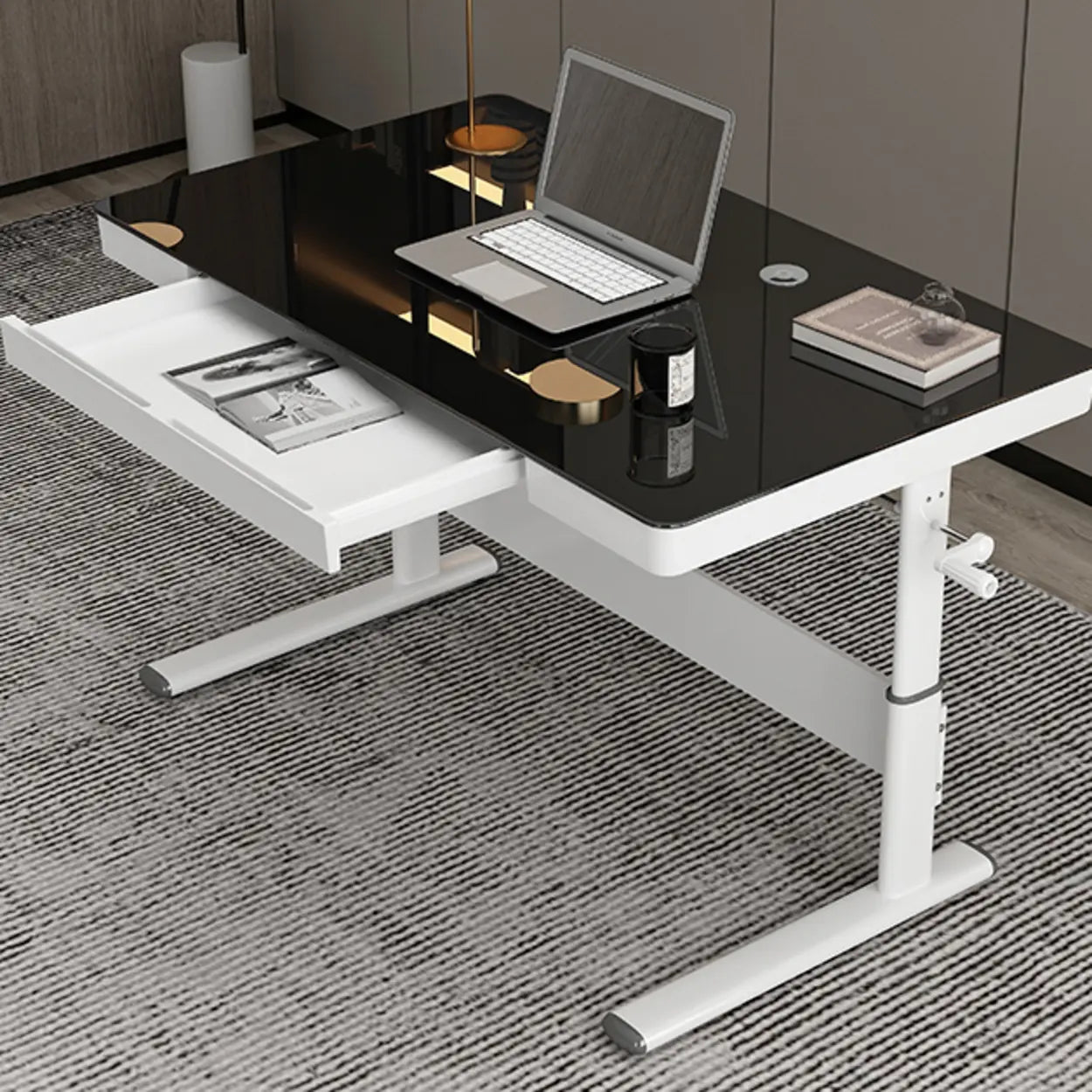 Adjustable White Wood Glass T-Shape Standing Desk — Without Chairs / Light Green