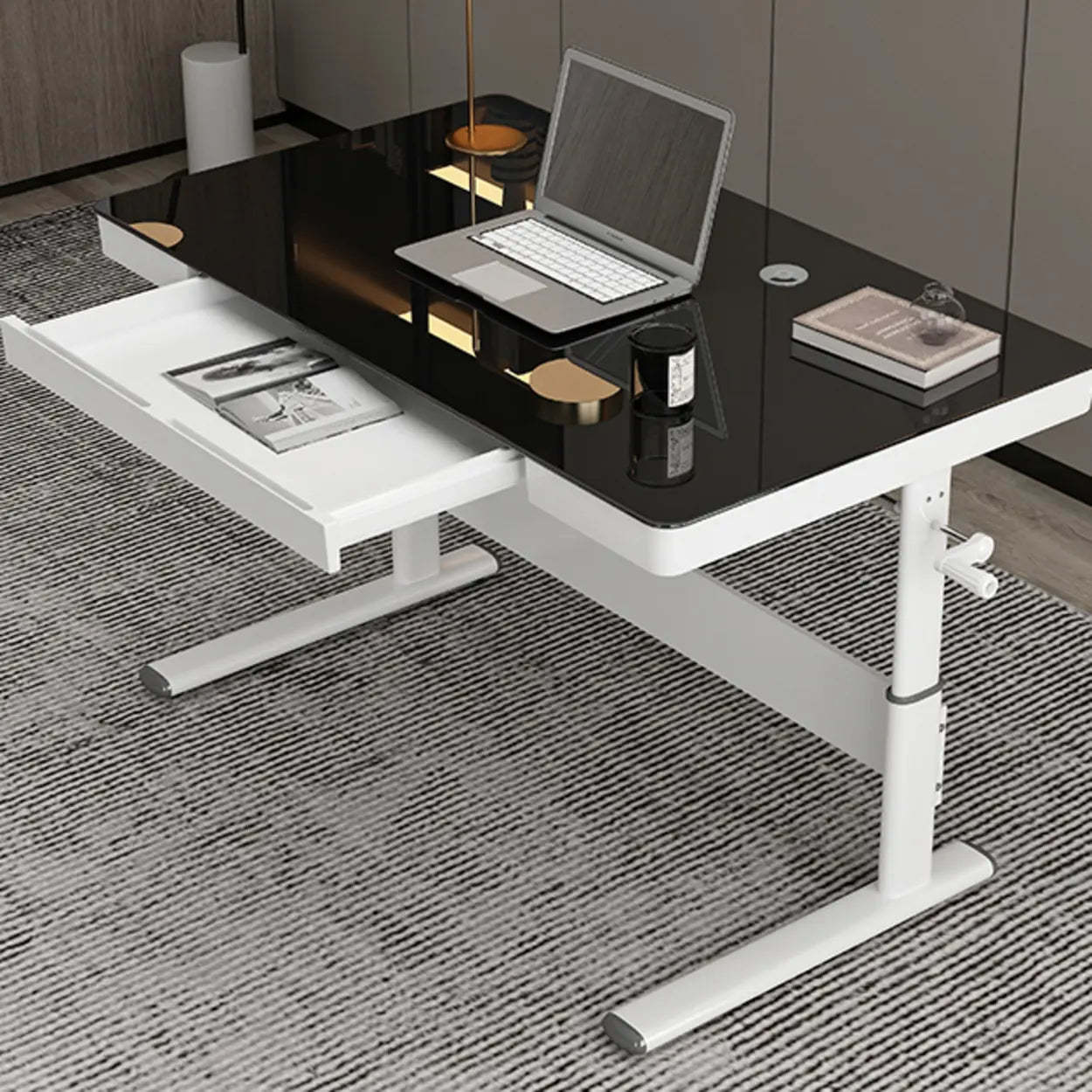 Adjustable White Wood Glass T-Shape Standing Desk — Without Chairs / Light Green