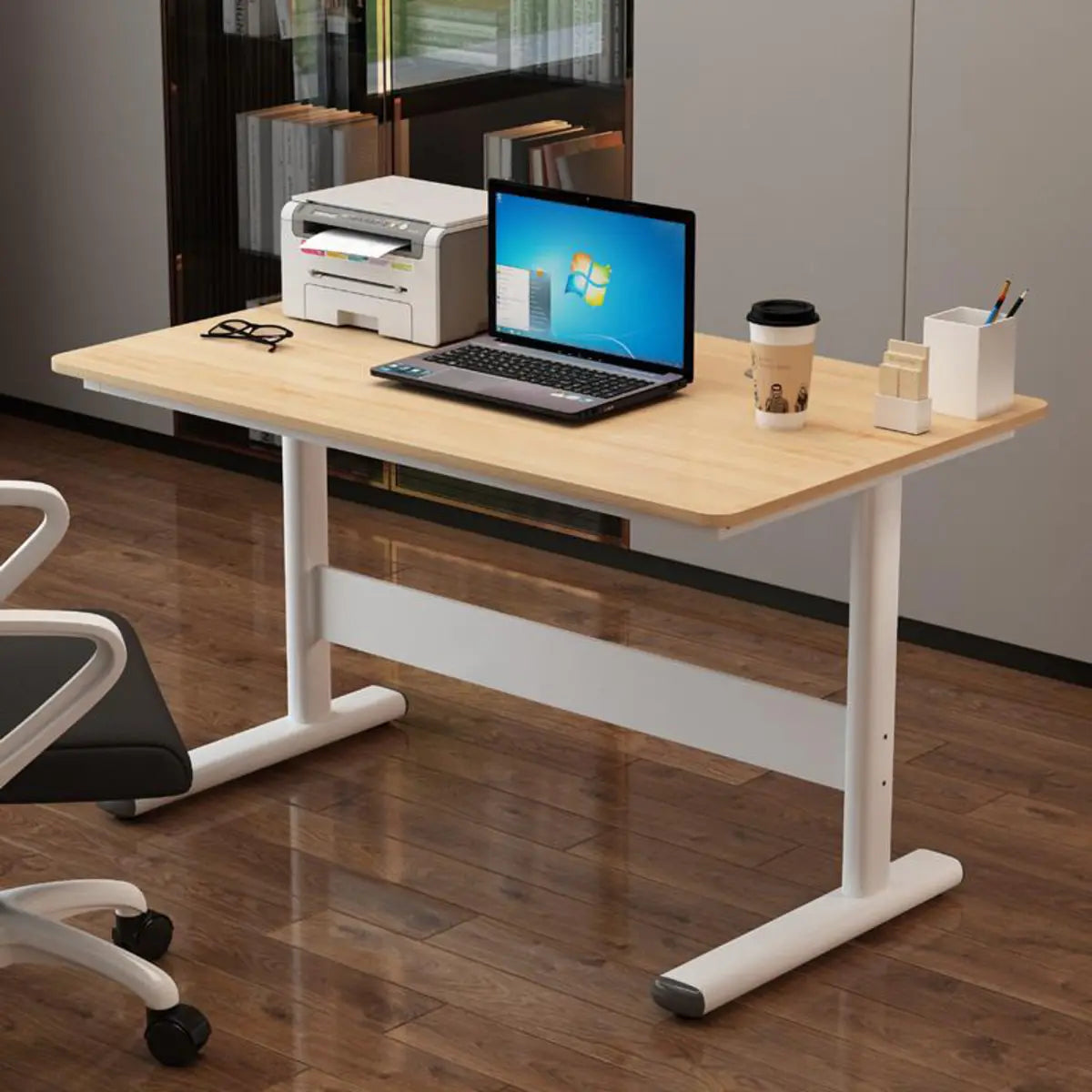 Adjustable White Wood Glass T-Shape Standing Desk — Without Chairs / Natural Finish