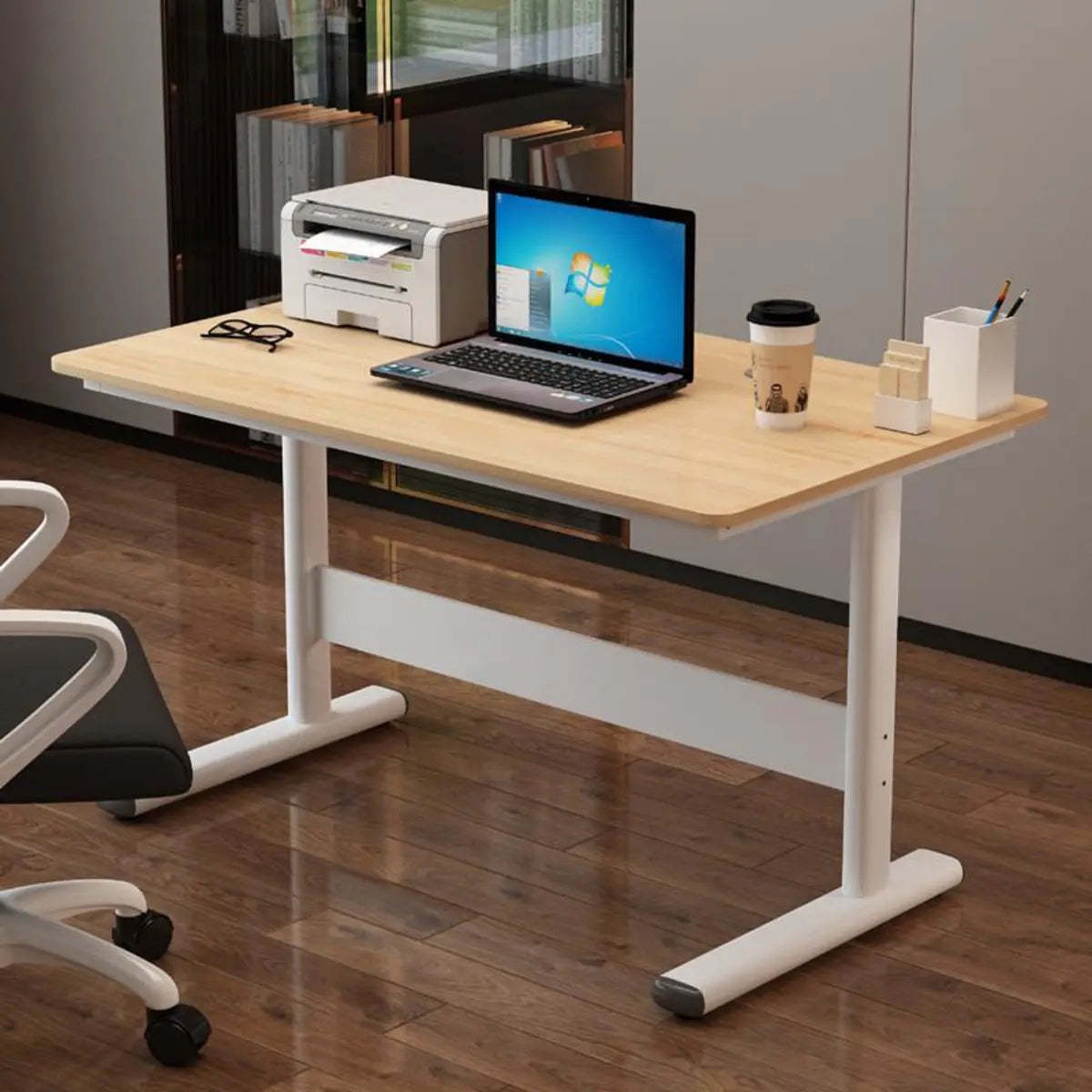 Adjustable White Wood Glass T-Shape Standing Desk — Without Chairs / Natural Finish