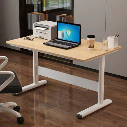 Adjustable White Wood Glass T-Shape Standing Desk — Without Chairs / Natural Finish