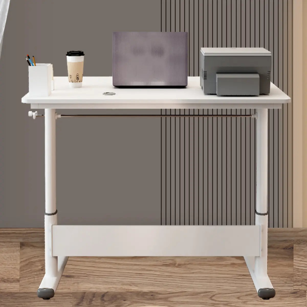 Adjustable White Wood Glass T-Shape Standing Desk — Without Chairs / Natural Finish