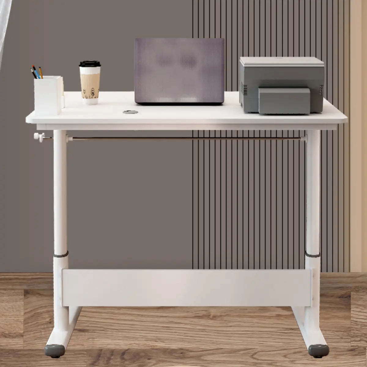 Adjustable White Wood Glass T-Shape Standing Desk — Without Chairs / Natural Finish