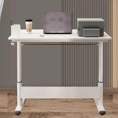 Adjustable White Wood Glass T-Shape Standing Desk — Without Chairs / Natural Finish