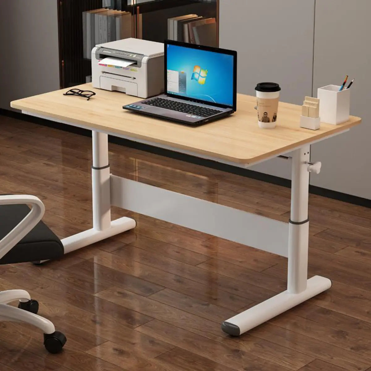 Adjustable White Wood Glass T-Shape Standing Desk — Without Chairs / Natural Finish
