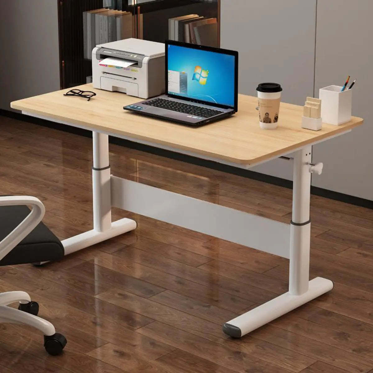 Adjustable White Wood Glass T-Shape Standing Desk — Without Chairs / Natural Finish
