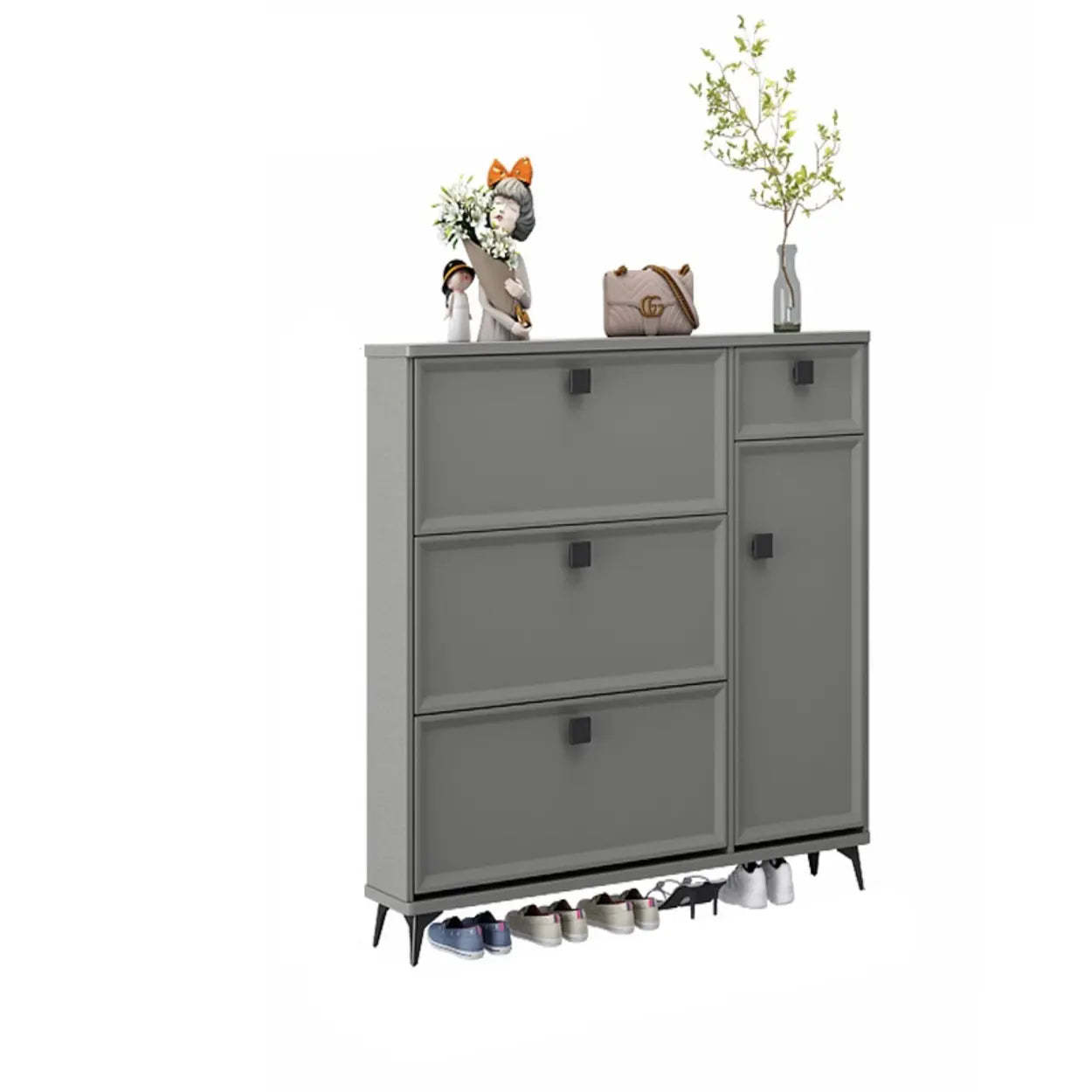 Modern storage drop-front gray shoe storage — 31"L x 7"W x 46"H