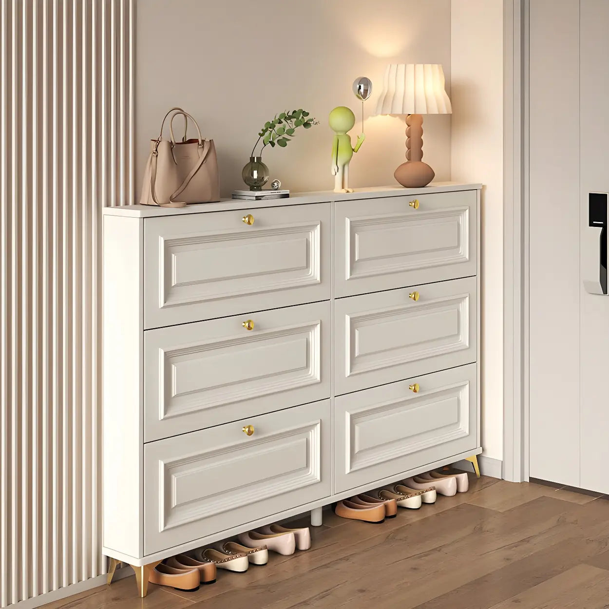 Wood Hallway Drop-Front Shoe Cabinet — Three-Bucket