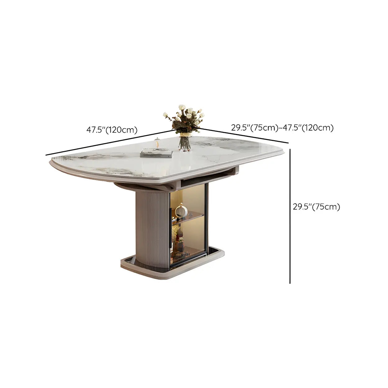 Modern Oval Marble Dining Table Grey Self-Storing Leaf #size