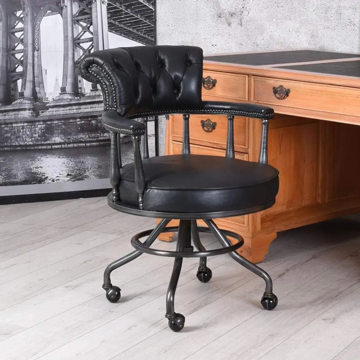 Antique Black Leather Chesterfield Office Chair — Black
