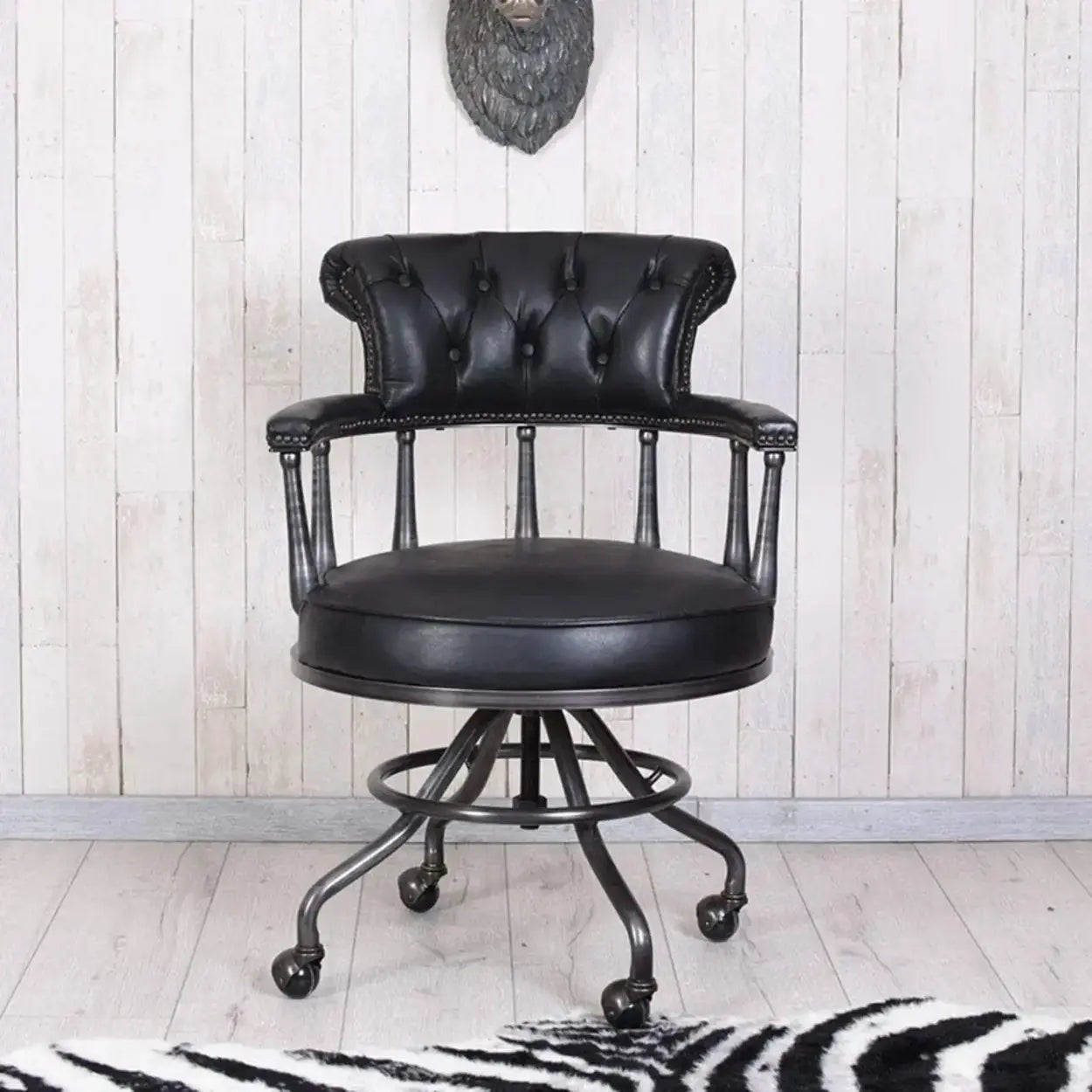 Antique Black Leather Chesterfield Office Chair — Brown