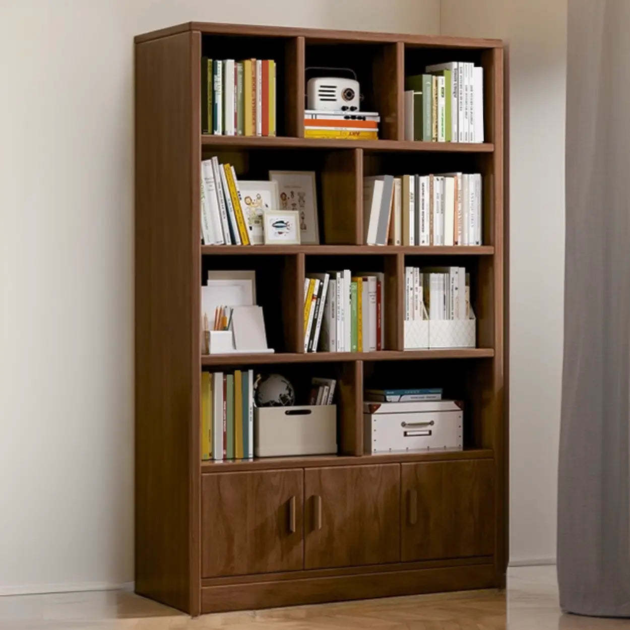 Modern vertical doors brown display cabinets — 47.2" L x 11.8" W x 70.9" H / Nut & Brown