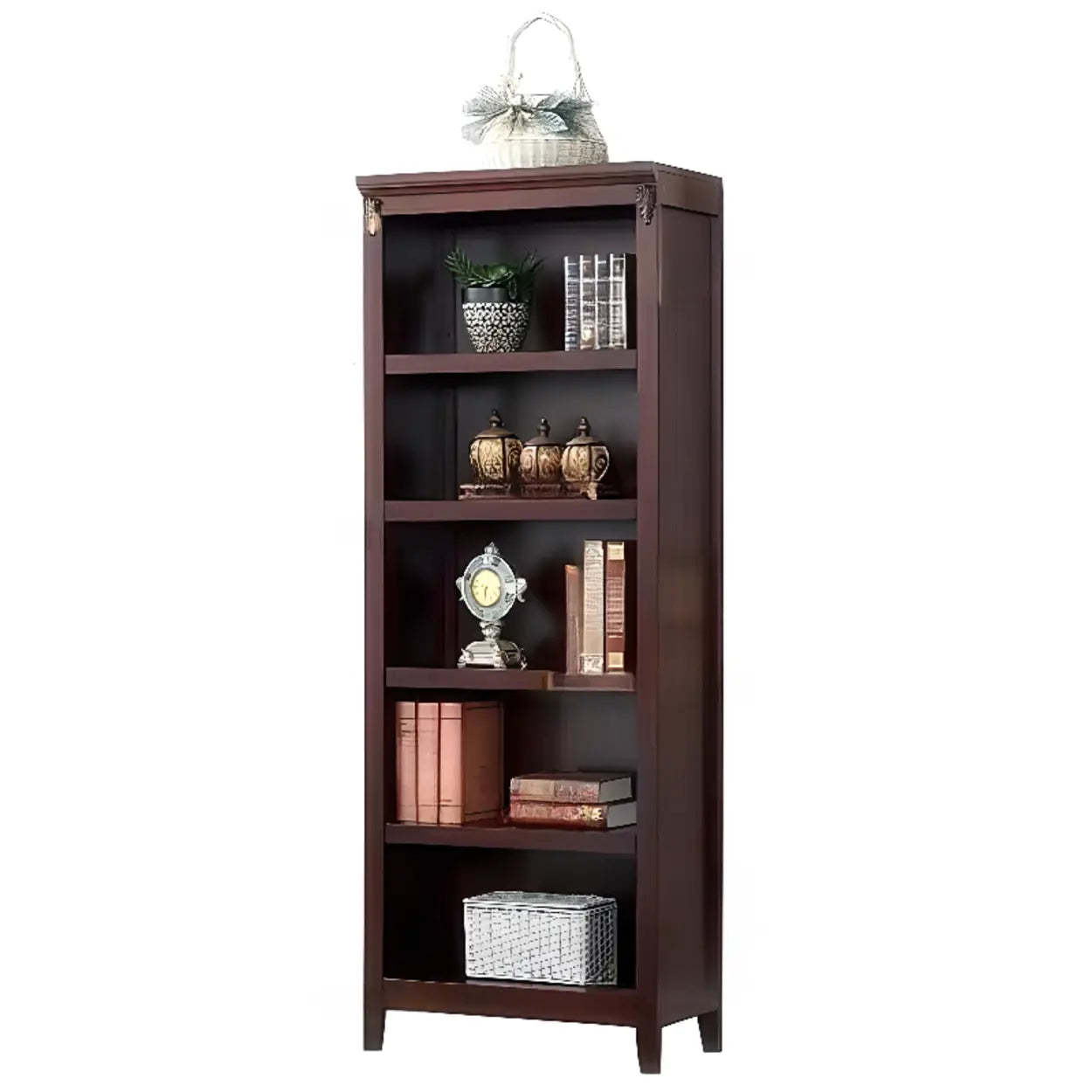 Antique Multi-Shelf Brown Wood Tall Bookcase — Light Walnut