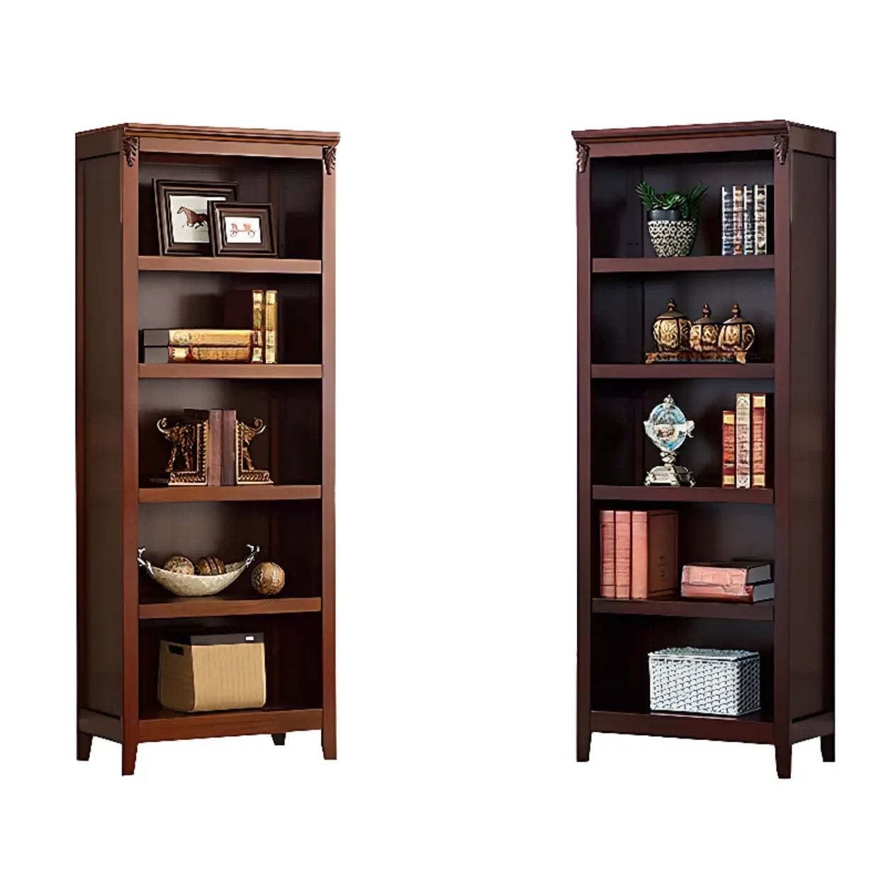 Antique Multi-Shelf Brown Wood Tall Bookcase — Light Walnut