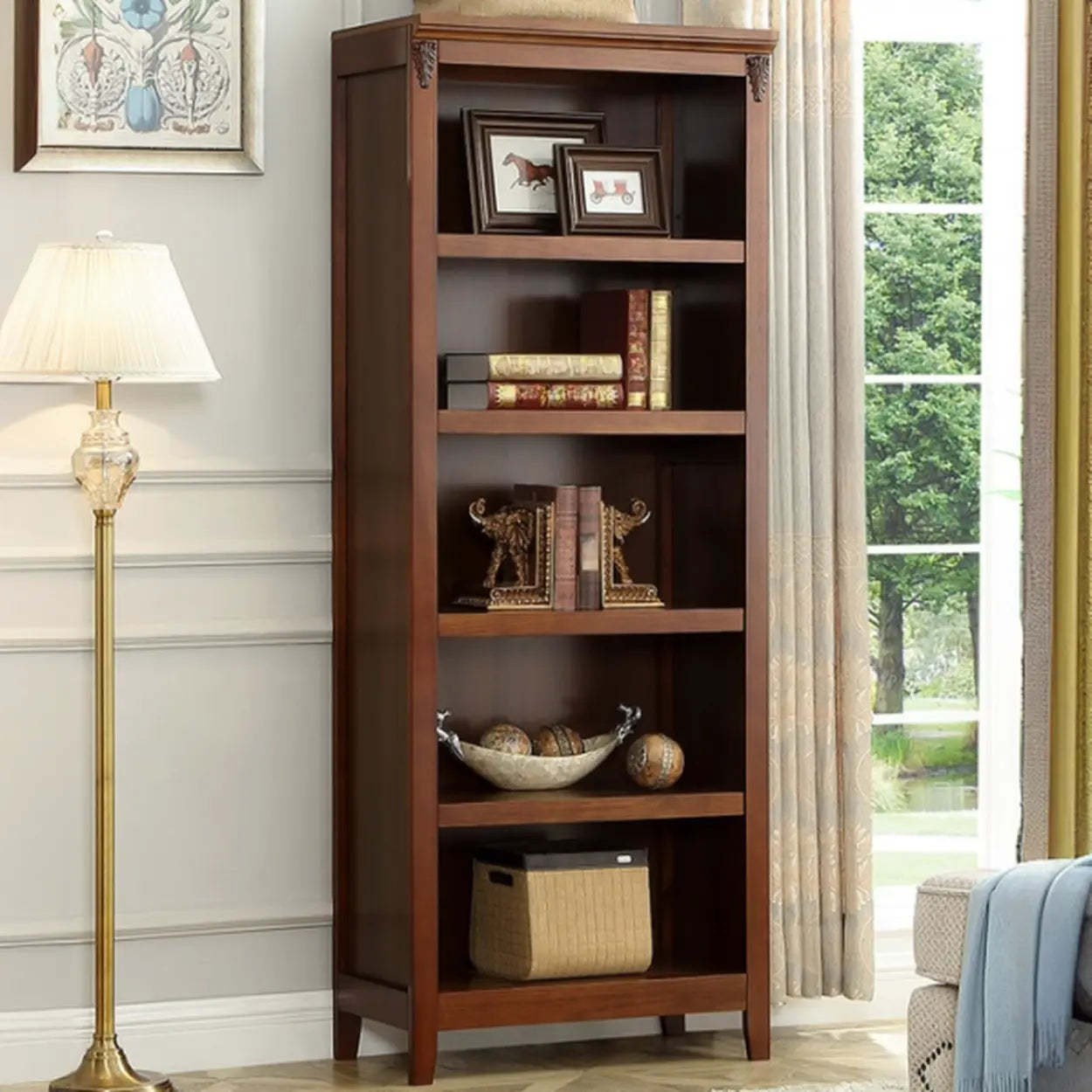 Antique Multi-Shelf Brown Wood Tall Bookcase — Dark Walnut