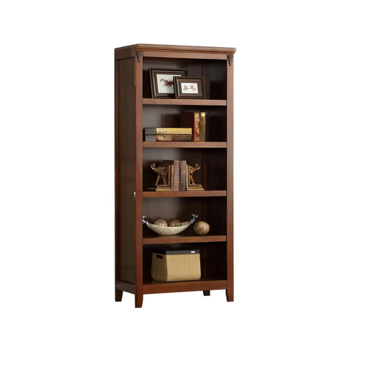 Antique Multi-Shelf Brown Wood Tall Bookcase — Dark Walnut