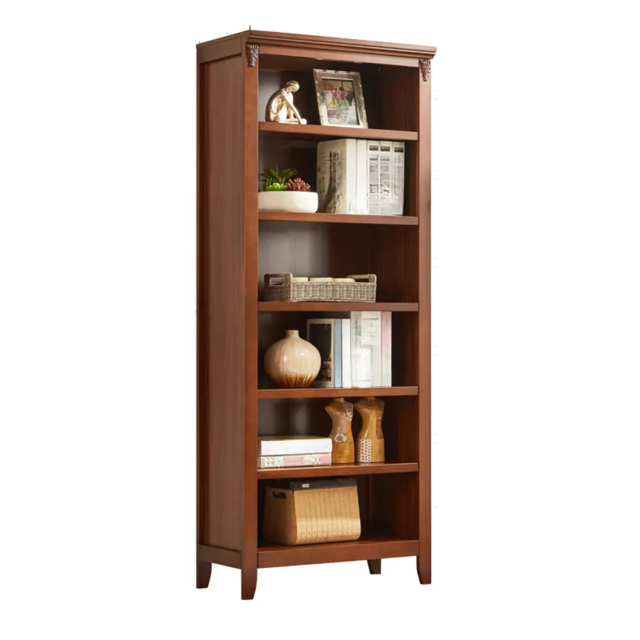 Antique Multi-Shelf Brown Wood Tall Bookcase