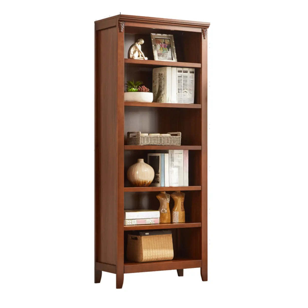 Antique Multi-Shelf Brown Wood Tall Bookcase