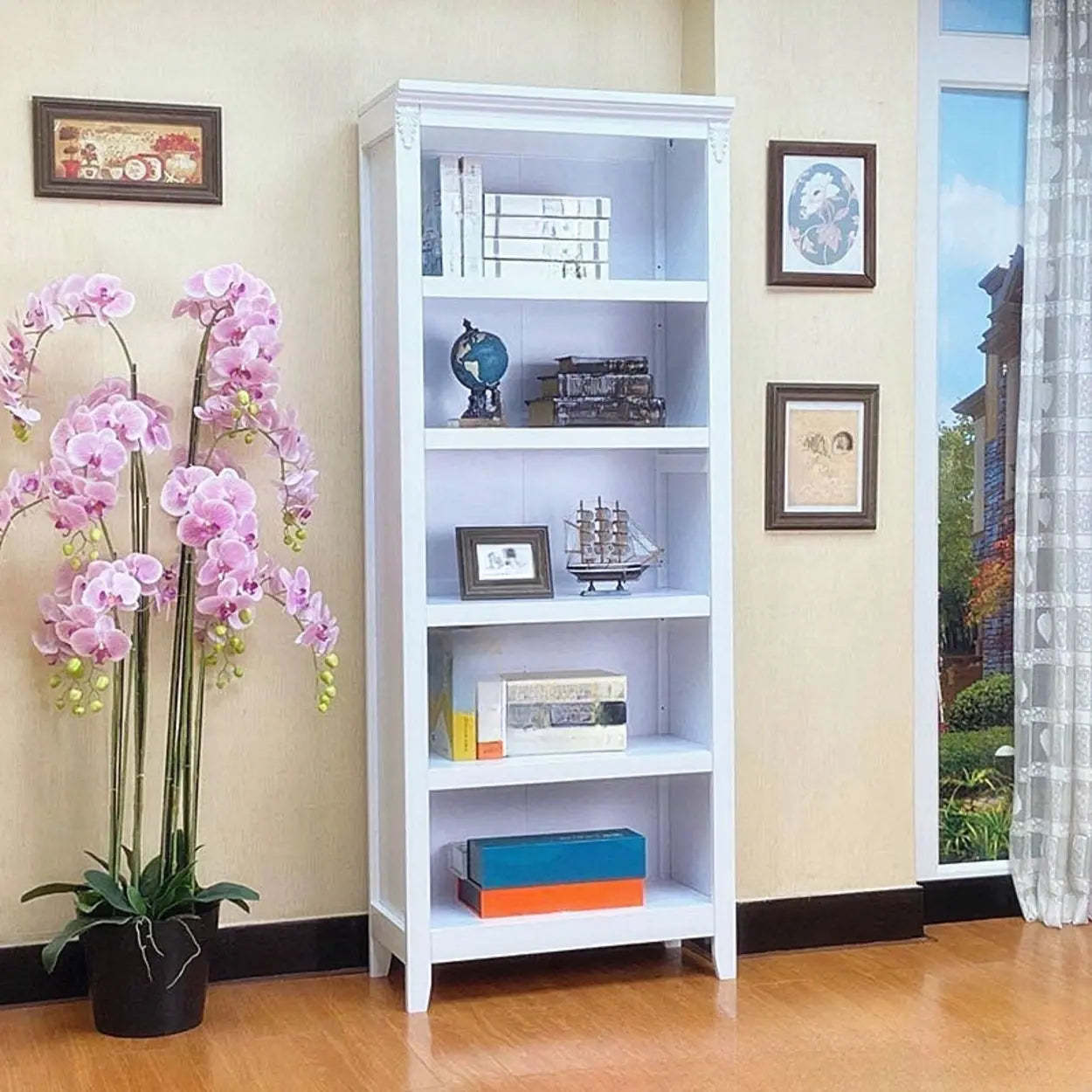 Antique Multi-Shelf Brown Wood Tall Bookcase