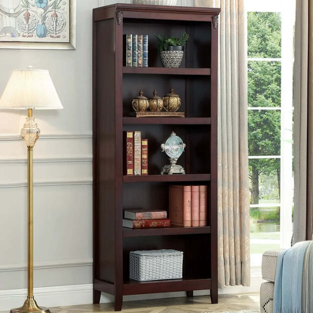 Antique Multi-Shelf Brown Wood Tall Bookcase — Dark Walnut