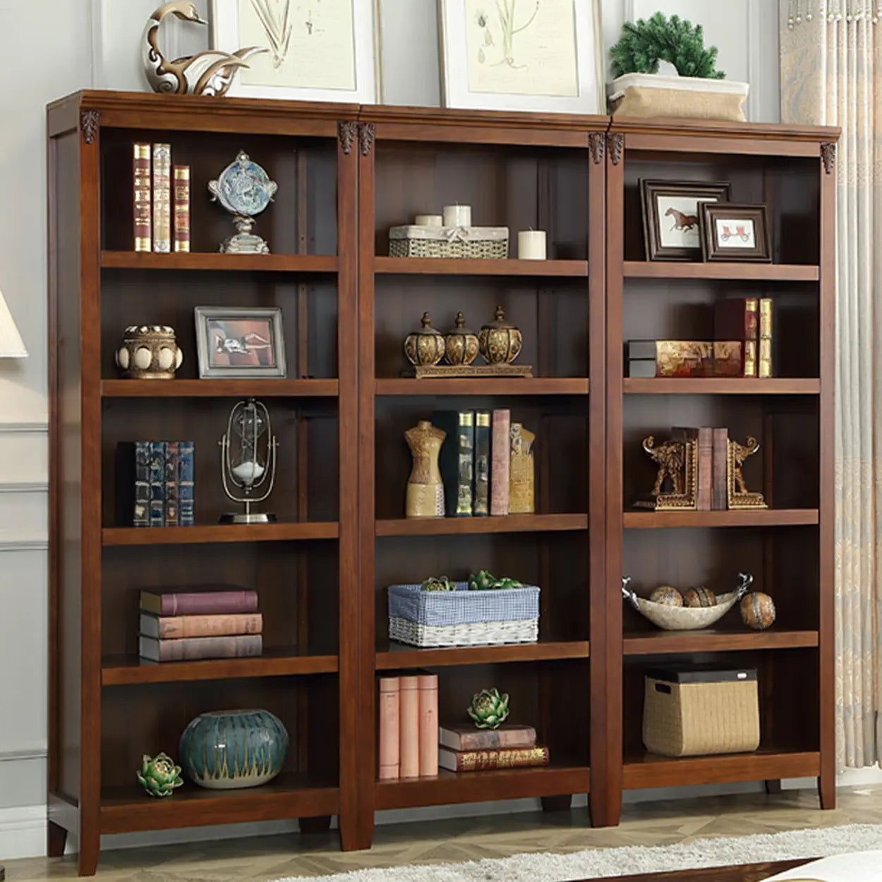 Antique Multi-Shelf Brown Wood Tall Bookcase — Dark Walnut